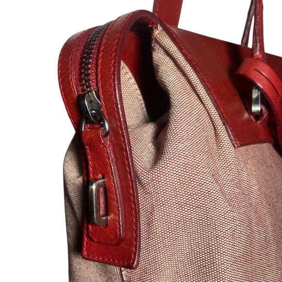 Jil Sander Shoulder Bag Red Leather & Canvas Tote Leather Lining w Keys No Lock - Picture 5 of 15
